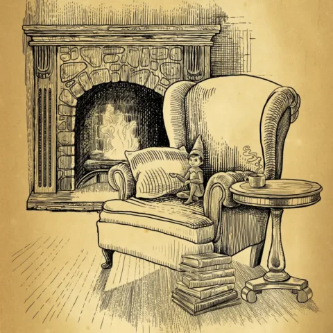 Image of a chair with Santa's first scout elf Fisbee sitting on it 