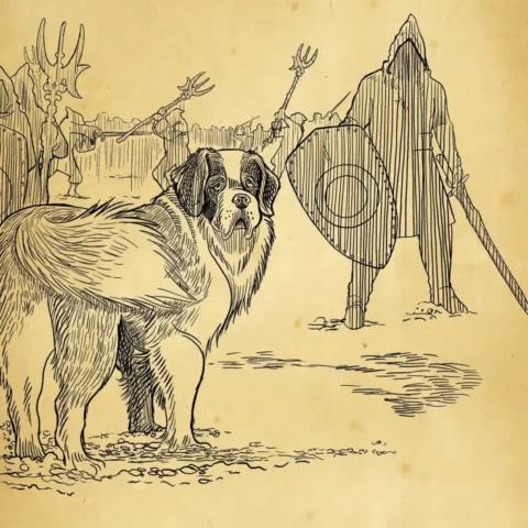 A sketched image of a fully grown Saint Bernard dog and the shadow of a knight in the background and a battle taking a place