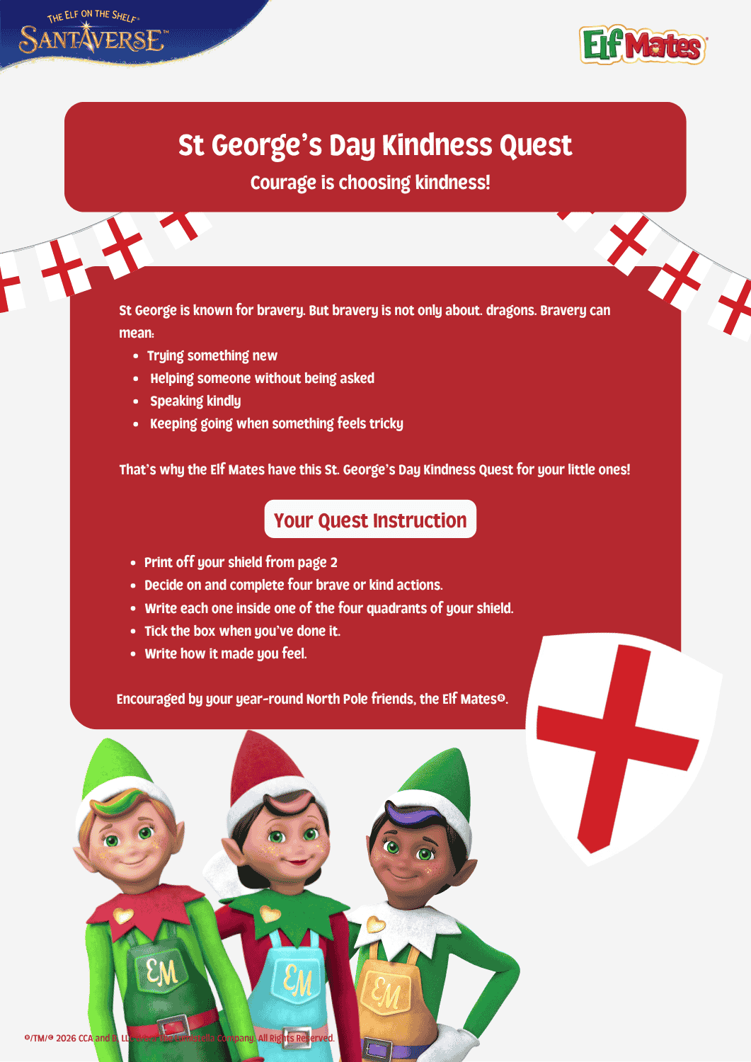 St George’s Day Kindness Quest printable for kids featuring Elf Mates and bravery themed activities and instructions