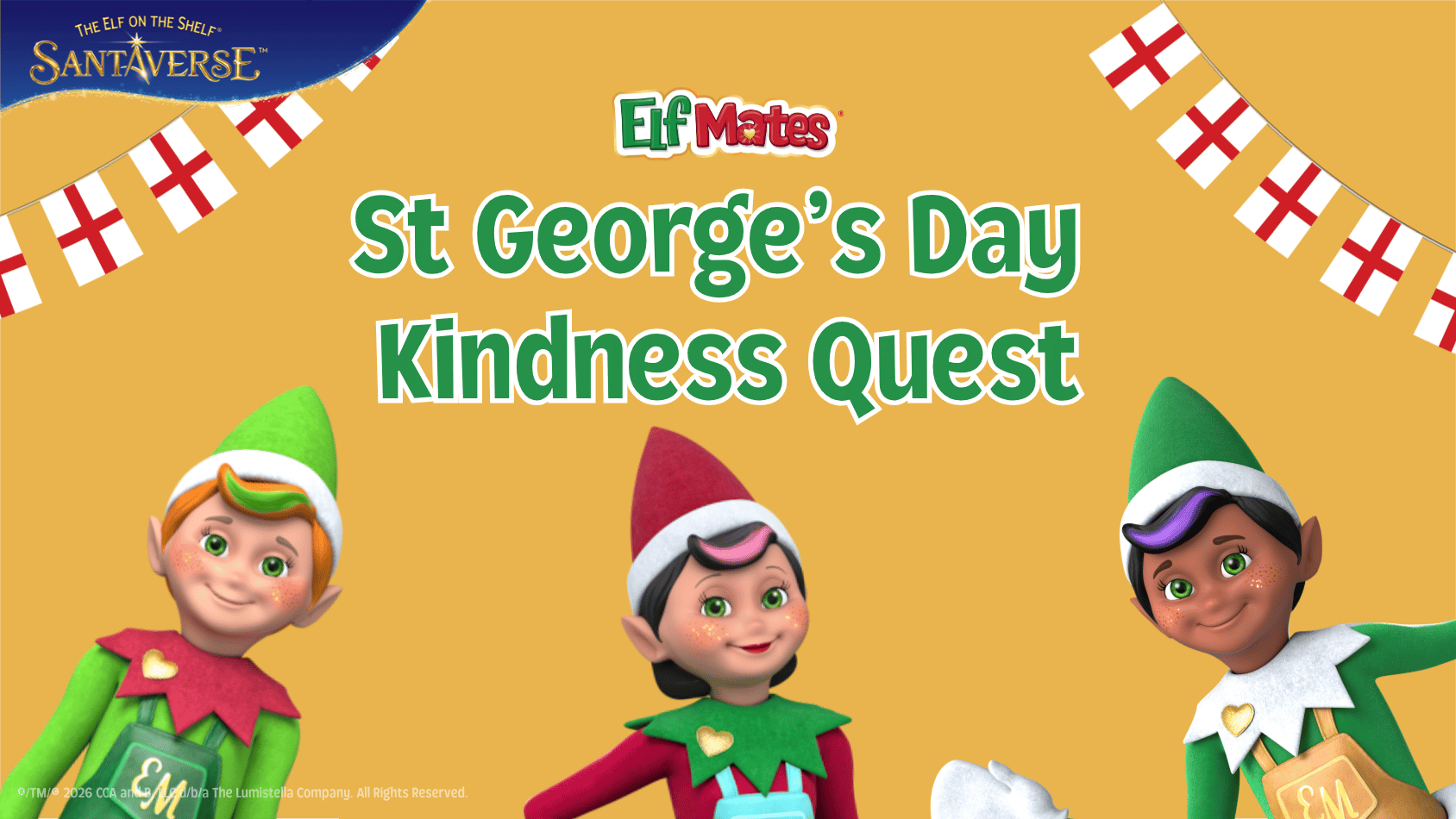 Elf Mates St George’s Day kindness quest for kids with three elf characters and English flags