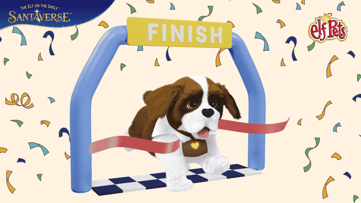 Elf Pets Saint Bernard crossing a marathon finish line with ribbon under “Finish” banner, London Marathon kids activity image for celebrating a runner with a “You Did It” card
