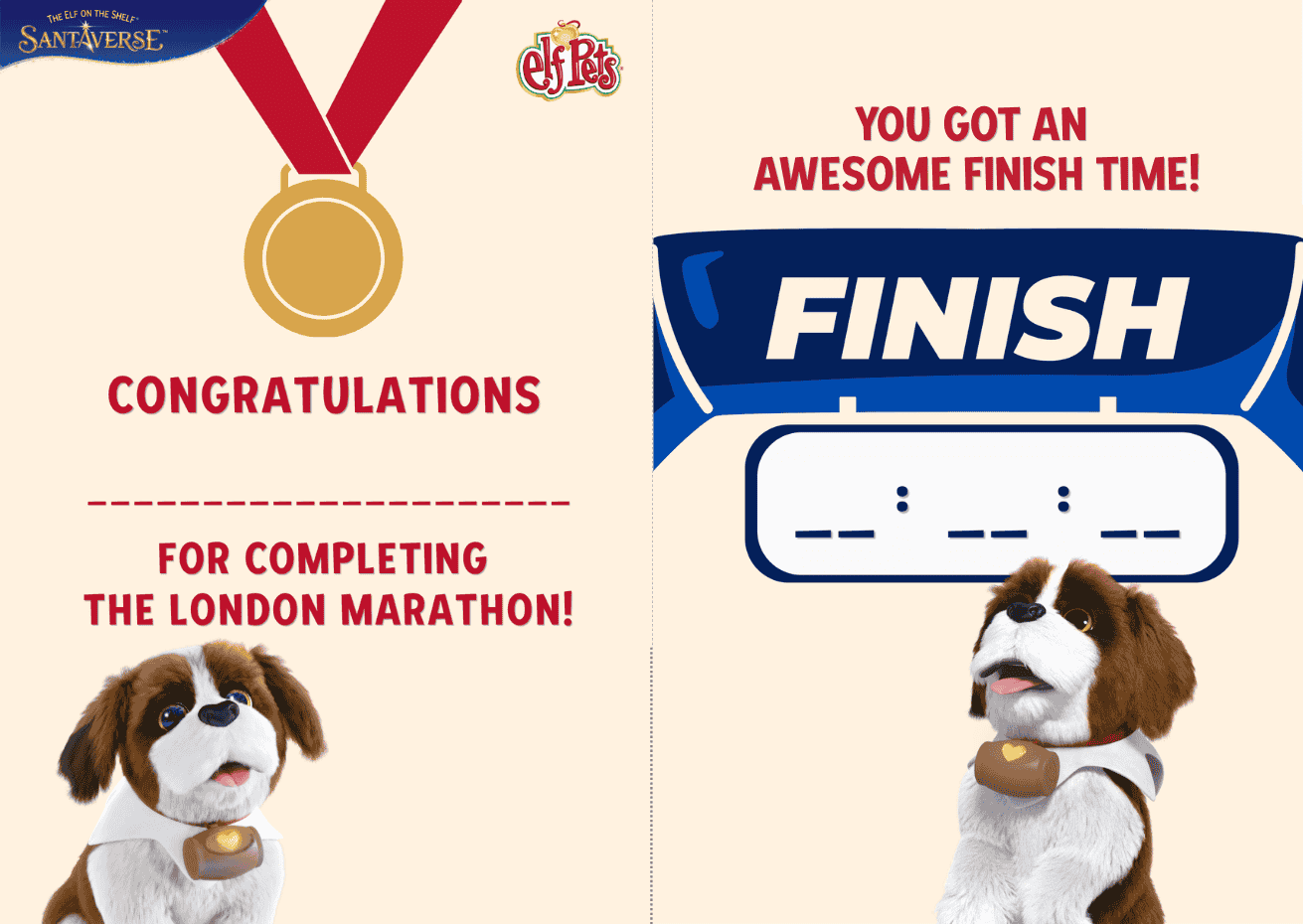 Thumbnail preview of the Elf Pets London Marathon printable with two pages with the Saint Bernard dog and medal and text with company logos