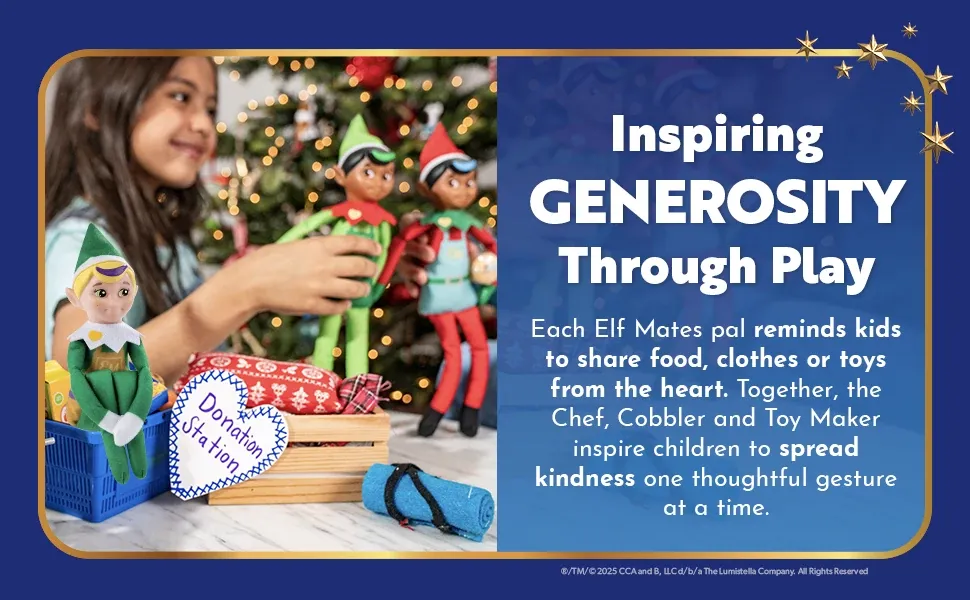 The Elf Mates® inspiring generosity through play, encouraging children to share food, clothes, toys and kindness.