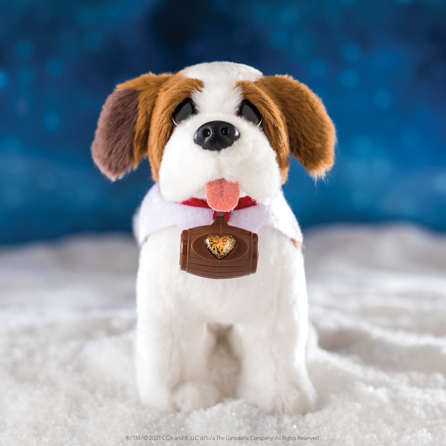 Elf Pets Saint Bernard pup wearing a magical barrel and golden heart charm against a dark blue background