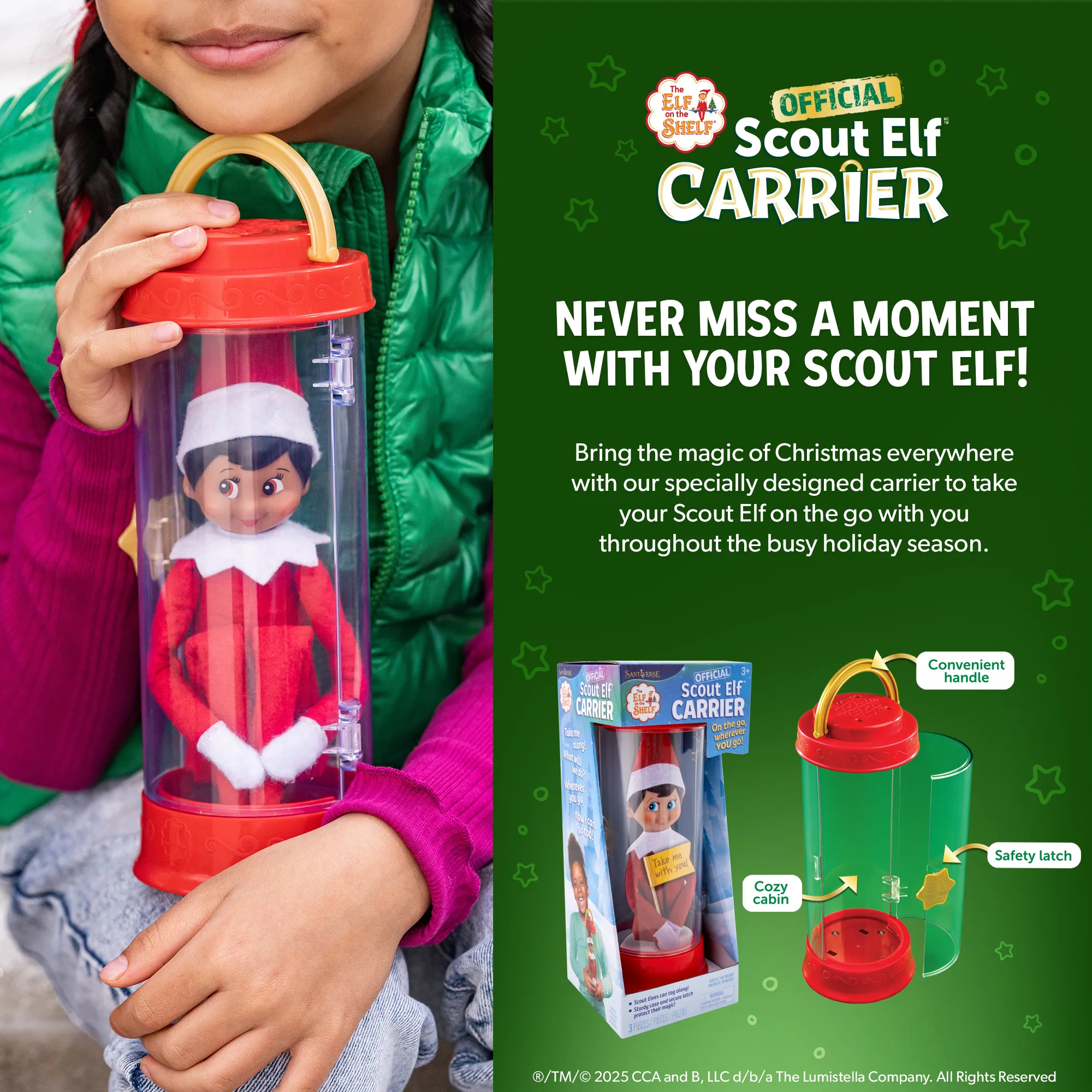 The official Scout Elf Carrier shown with its packaging and a child holding a Scout Elf inside the clear carrier
