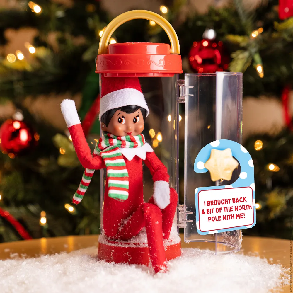 A Scout Elf in a clear Scout Elf Carrier filled with snow beside a Christmas tree, with a sign reading I brought back a bit of the North Pole with me