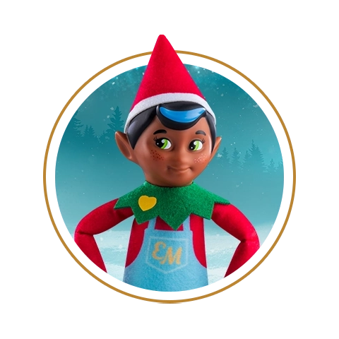Elf Mates® Chef stands with his hands on his hips. He is framed in a circle with a wintery background as well as a golden stroke that also encloses him.
